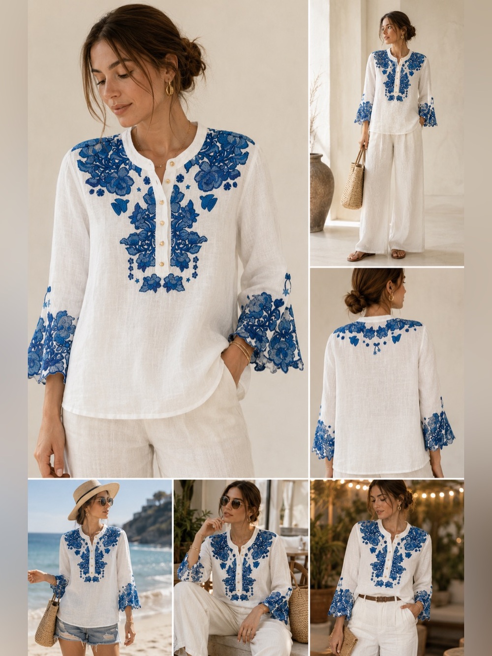 Johnny Was Jade 100% Linen Blue Floral Embroidered Tunic Blouse Boho Resort Top